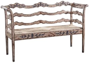 Bench Swedish Distressed White Carved, HandWoven Rush, Mortise Tenon - Picture 1 of 4