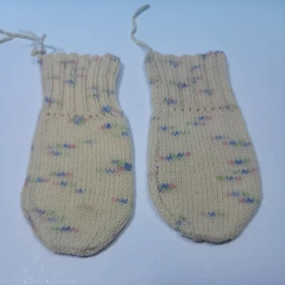 Vintage Baby or Doll Clothing Hand Knit Mittens cream w/ variegated Pastel color - Image 1 of 4