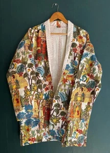 Indische handgefertigte Kantha Quilt Kurzjacke Kimono Damenmode Boho vorne offen - Bild 1 von 5
