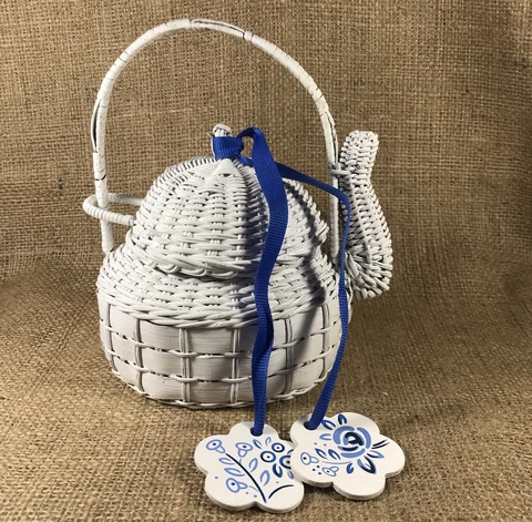Wicker Teapot Basket White with Blue Hanging Decorative Accents Cover