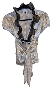 Paris style, Cream Silk Satin blouse, cap sleeves, Black pleated V neck trim-8 - Picture 1 of 8