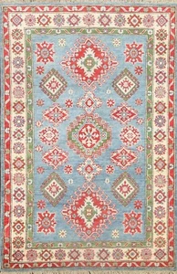 Blue Geometric Vegetable Dye Super Kazak Oriental Area Rug Hand-Knotted Wool 4x6 - Picture 1 of 12