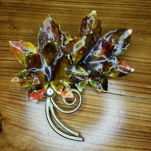 Vintage Coro Brown Green Orange Enamel Leaf Flower Bouquet Gold Tone Pin Brooch - Picture 1 of 8