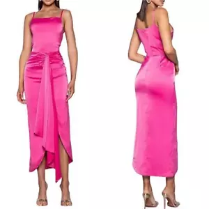Elle Zeitoune Pink Patrice Draped Satin Front Knot Formal Maxi Dress XL - Picture 1 of 13