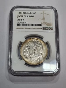 Poland, 10 Zlotych 1934 Pilsudski, official eagle, rare, mint NGC AU58 - Picture 1 of 10