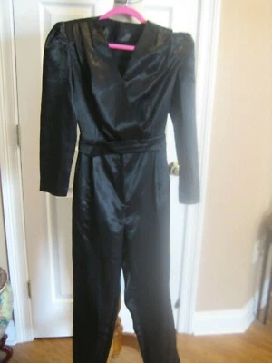  Black Silk Long Sleeve Jumpsuit size S Small 6 Women pockets zip Romper Petite - Image 1 of 4