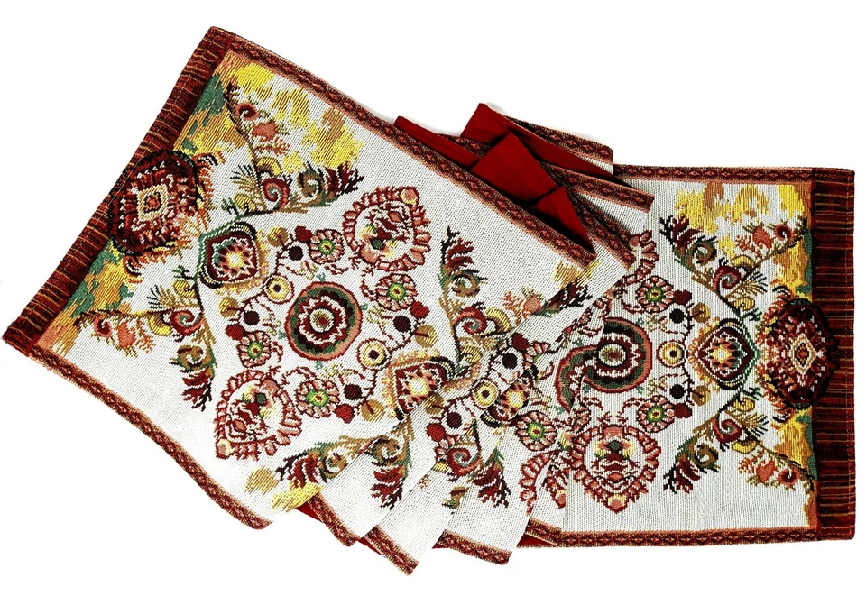 Tache Elegante Rojo Naranja Ornamentado Cachemira Medallón Tejido Tapiz Mesa Corredor Foto 1 de 1