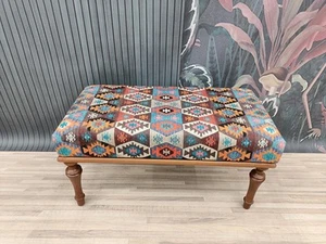 Kilim Pattern Printed Rug Upholstered Ottoman Bench Sitting Bench Piano Bench - Picture 1 of 9