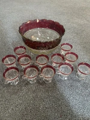 Vintage Indiana Ruby Glass King Crown Punch Bowl & 12 Footed Cups some red worn - Image 1 of 4