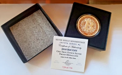 Silver Shield 2018 Bitcoin 1 oz Round Crypto Currencies BU proof w/box and COA - Image 1 of 4