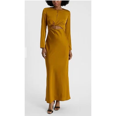 Express Gold Satin Long Sleeve Cutout Twist Maxi Dress Size M Party Holiday NYE - Image 1 of 4