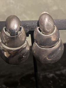 Vintage Rare Big Silver Dangle Earrings Clip On 3 Layers 2 Inch Heavy - Picture 1 of 6