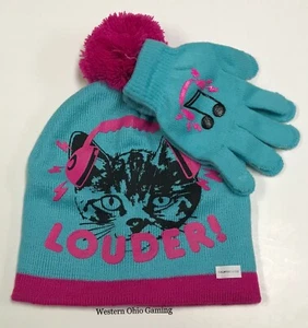 Girl's Louder Rock Cat Beanie Hat Glove Combo NEW Kid's Kitty Cold Weather Set - Picture 1 of 2