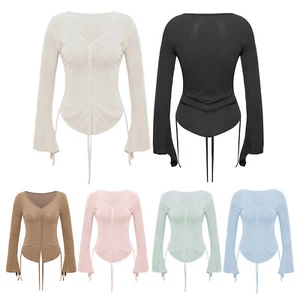 Women's Ballet Shirts Yoga Workout Top Long Sleeve See Through Crop Top Pullover - Picture 1 of 77