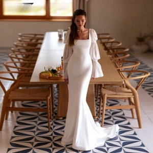 Luxury Mermaid Wedding Dresses Square Neck Long Sleeved Sweep Train Bridal Gowns - Picture 1 of 9