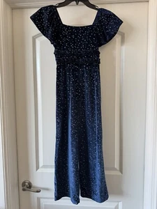 Three Pink Hearts Navy & Silver Velour Jumpsuit-EUC-size Small (8) - Picture 1 of 3
