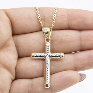 1 3/4" Diamond Cut Cross Tube Pendant Necklace Real 10K Yellow White Gold - Picture 1 of 12