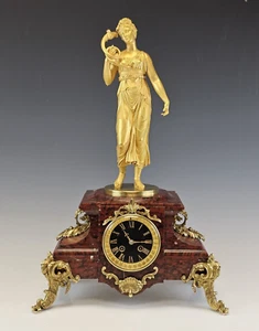 Large 19C French Gilt Bronze Rouge Marble Clock Statue - Picture 1 of 15