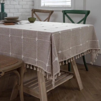Plaid Tablecloth Tassel Rectangle Dining Kitchen Cotton Linen Table Cloth Cover - Image 1 of 4