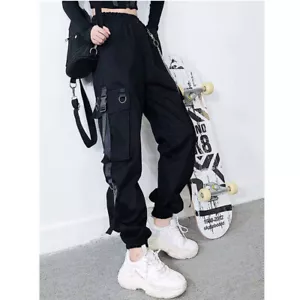 Pantalones al Tobillo Hip Hop Cadena Punk Mujer Gótico Carga Jogger Pantalones Correa - Imagen 1 de 10