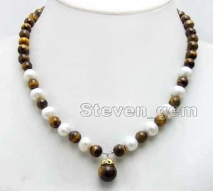 8mm Round Natural Yellow Tiger's Eye Necklace for Women White Pearl 17'' Chokers - Picture 1 of 8