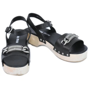 Sandalias de plataforma de cuero MIU MIU negras plateadas para mujer #36 - Imagen 1 de 15