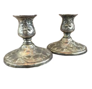 Pair Of Floral Candlestick Holders Silver Plate International Silver 1994 Patina - Picture 1 of 12