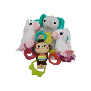 Bright Starts Elephant Monkey & 2 Unicorns Plush Rattle Teether Clip Lot Of 4 - Picture 1 of 10