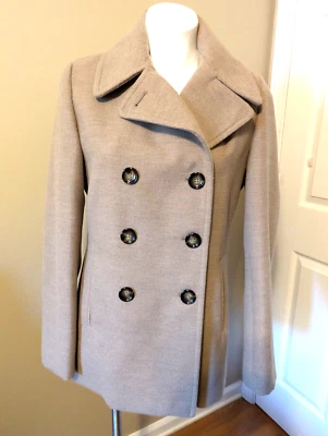 Calvin Klein Mujer Doble Botonadura Lana Botón Guisante Abrigo Forrado Bolsillos TALLA 6 Tostado Foto 1 de 4