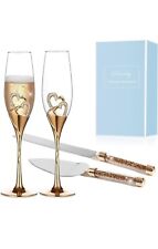 Rose Gold Champagne Flutes Heart & Rhinestone Set, Cake Knife & Server