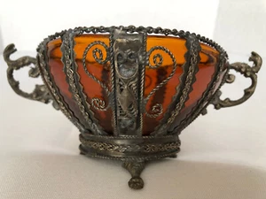 CANDY SERVING Nut BOWL Amber Orange Square Glass Metal Frame Decor and Handles - Picture 1 of 12