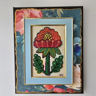 Folk Art ORIGINAL Red Flower Botanical Floral Frame Whimsy Canvas Painting - Image 1 of 4