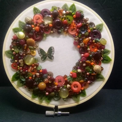 6" Embroidery Hoop Buttons Beads Wreath Design Brown & Orange Wall Decor Handmde - Image 1 of 4