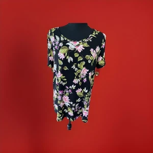 J Jill Women’s L Wearever Collection Black Floral Side Slit Back Button Top - Picture 1 of 10