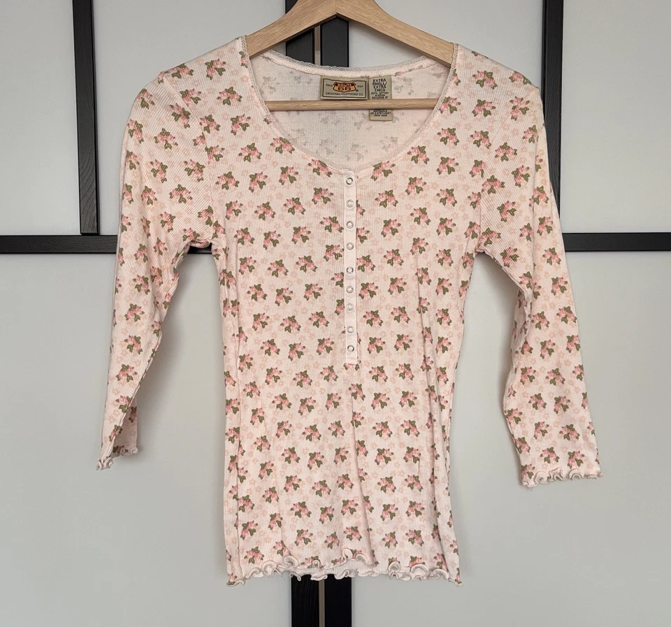 Y2K Route 66 Henley Top Baby Tee Womens XS Floral Pink Preppy Soft Girl Cottage - Image 1 of 4