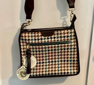 NUEVO CON ETIQUETAS BOLSO BANDOLERA SPARTINA 449 CUERO MARRÓN LONA PATA DE GALLO $178 Foto 1 de 4