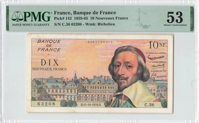 FRANCE 10 New Francs 1959, P-142, PMG 53 About UNC, Excellent Original Banknote - Image 1 of 2