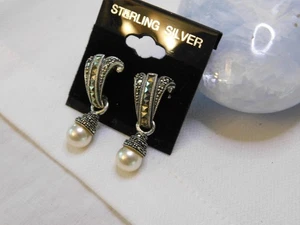 Sterling Silver Marcasite Faux Pearl Dangle Earrings 925 - Picture 1 of 6