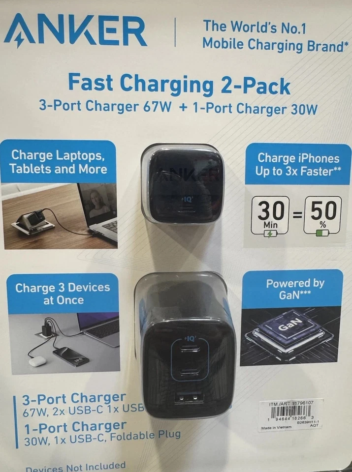 SEALED- Anker Fast Charging  67W and 30W Wall Chargers with Foldable Travel Plug - Image 1 of 1