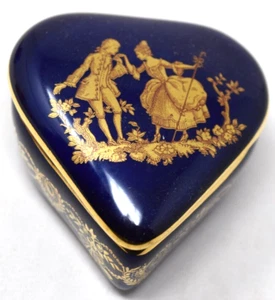 Limoges RP Francia Corazón Baratija Caja Porcelana D Arte Hombre Mujer Dorado Azul Cobalto - Imagen 1 de 8