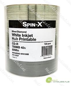 100 Spin-X CD-R 700MB 48x White Inkjet Hub Printable Diamond Blank Media Disc 