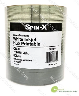 100 Spin-X CD-R 700MB 48x White Inkjet Hub Printable Diamond Blank Media Disc  - Image 1 of 2