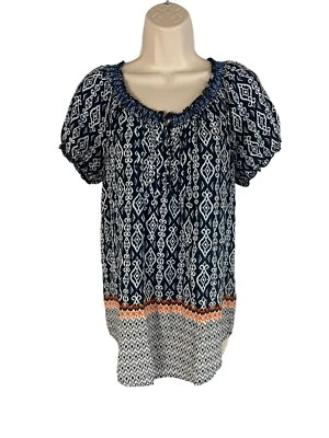 Faded Glory Women’s Sz  S 4-6 Short Sleeve Blue White Orange Peasant Scoop Neck - Image 1 of 4
