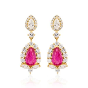 3.51 TCW Natural Ruby Gemstone H/SI Diamond Dangle Earrings 14k Yellow Gold Gift - Picture 1 of 6