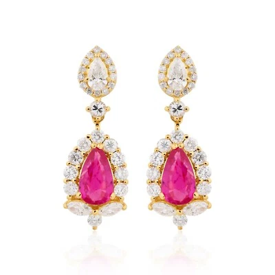 3.51 TCW Natural Ruby Gemstone H/SI Diamond Dangle Earrings 14k Yellow Gold Gift - Image 1 of 4
