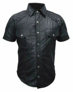 Herren Echt Lamm Leder Hemd Biker Hemd Polizei Gay Leder Classic Shirt - Bild 1 von 5