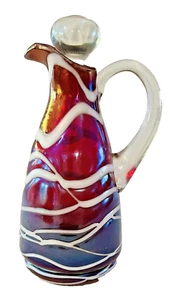 Great Kralik Signed Bohemian Czech Art Glass Irridescent Cruet White Threading - Picture 1 of 7