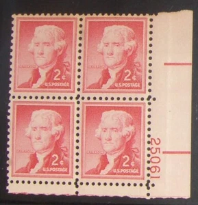 Bloque de placa de sello de Estados Unidos 2¢ SC #1033 Jefferson MNH 1954. - Imagen 1 de 1