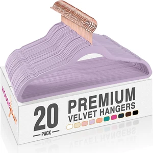Velvet Hangers 20 Pack Premium Clothes Hangers Non-Slip Felt Hangers Purple - Picture 1 of 9