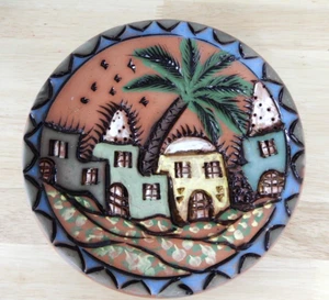 Handpainted Terra Cotta Clay Plate Hand Carved Village Handmade Wall Art Decor - Picture 1 of 7